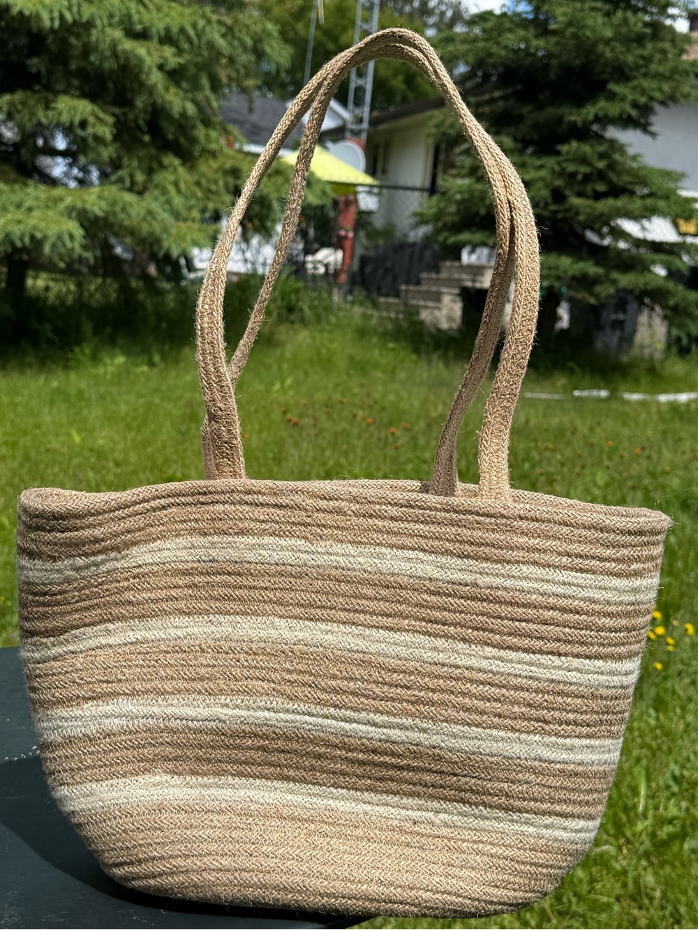 Jute Straw Tote Bag in Natural Beige and Cream Inch ( 16 H * 9 W)